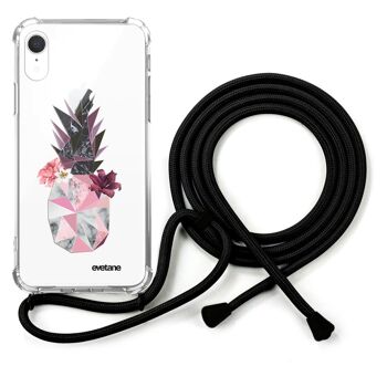 Coque iPhone XR anti-choc silicone avec cordon noir - Ananas Fleuri 1