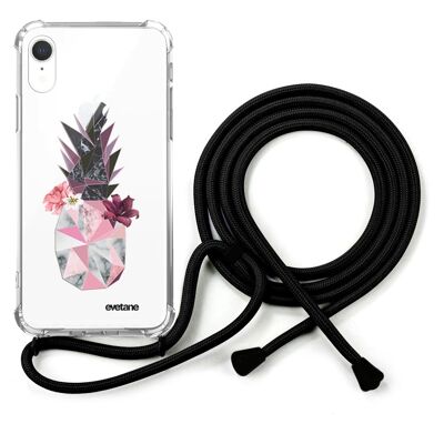Shockproof iPhone XR silicone case with black cord - Flowered Pineapple