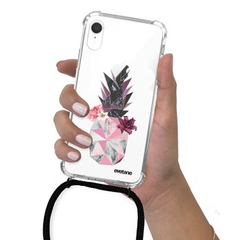 Coque iPhone XR anti-choc silicone avec cordon noir - Ananas Fleuri 4