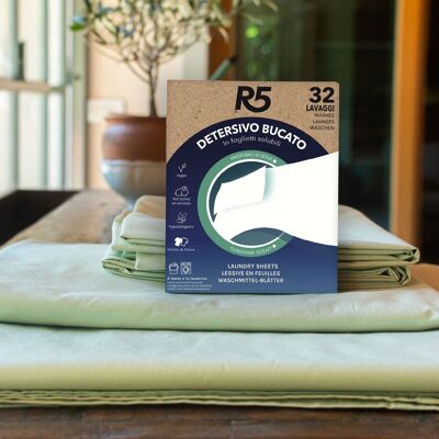 R5 Waschmittelblätter – in der Waschmaschine und von Hand – 32 Wäschen – HERGESTELLT IN ITALIEN