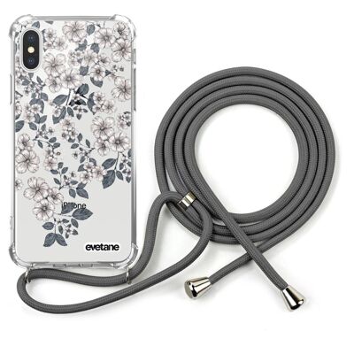 Cover iPhone X / XS in silicone antiurto con cordino grigio - Fiori di ciliegio