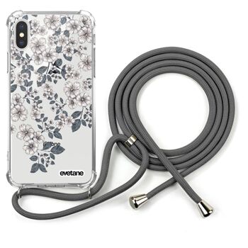 Coque iPhone X/XS anti-choc silicone avec cordon gris- Fleurs de cerisiers 1