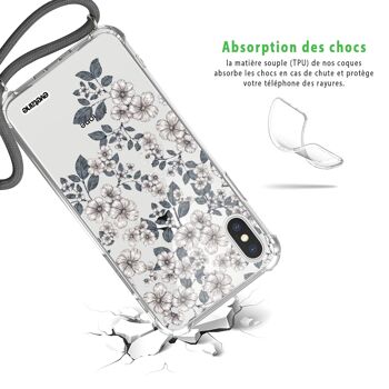 Coque iPhone X/XS anti-choc silicone avec cordon gris- Fleurs de cerisiers 2