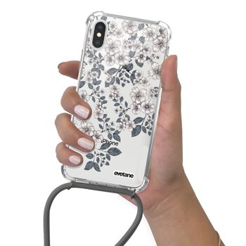 Coque iPhone X/XS anti-choc silicone avec cordon gris- Fleurs de cerisiers 4