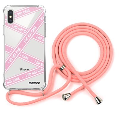 Coque iPhone X/XS anti-choc silicone avec cordon rose- I Do Not Care
