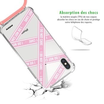 Coque iPhone X/XS anti-choc silicone avec cordon rose- I Do Not Care 2