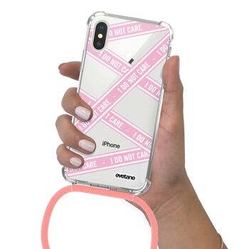 Coque iPhone X/XS anti-choc silicone avec cordon rose- I Do Not Care 4