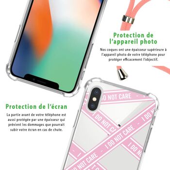 Coque iPhone X/XS anti-choc silicone avec cordon rose- I Do Not Care 6