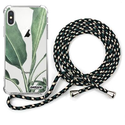 Shockproof silicone iPhone X / XS case with green cord - Palm Leaves