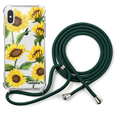 Shock-proof silicone iPhone X / XS case with green cord - Sunflowers