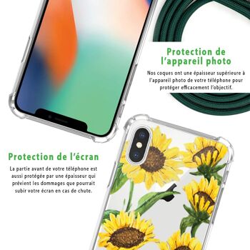 Coque iPhone X/XS anti-choc silicone avec cordon vert -Tournesols 6