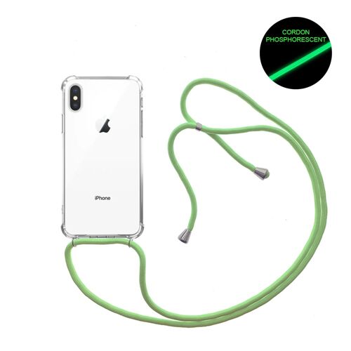 Coque iPhone X/XS anti-choc silicone avec cordon vert fluo et phosphorescent