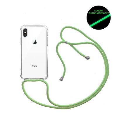 Funda de silicona para iPhone X / XS a prueba de golpes con cordón verde fluorescente y fosforescente