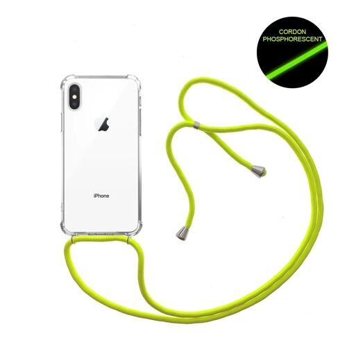 Coque iPhone X/XS anti-choc silicone avec cordon Jaune fluo et phosphorescent