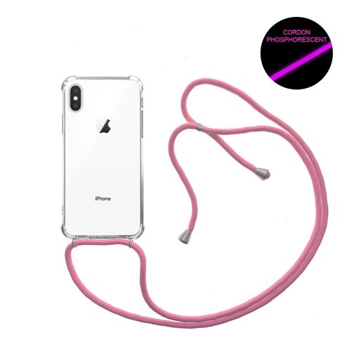 Coque iPhone X/XS anti-choc silicone avec cordon Rose fluo et phosphorescent