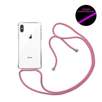 Coque iPhone X/XS anti-choc silicone avec cordon Rose fluo et phosphorescent 1