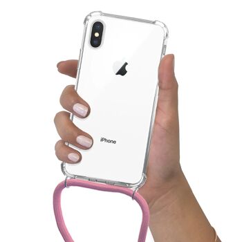 Coque iPhone X/XS anti-choc silicone avec cordon Rose fluo et phosphorescent 2