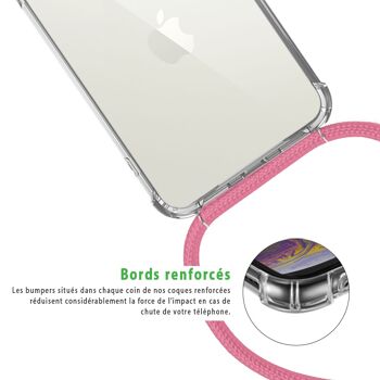 Coque iPhone X/XS anti-choc silicone avec cordon Rose fluo et phosphorescent 4