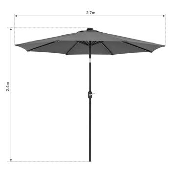 Parasol de 2,7 m, LED, parapluie de jardin, auvent extérieur, abat-jour inclinable avec manivelle, protection UV, convient pour l'extérieur, le jardin, la plage, gris 2