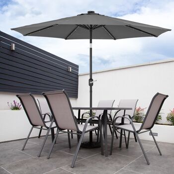 Parasol de 2,7 m, LED, parapluie de jardin, auvent extérieur, abat-jour inclinable avec manivelle, protection UV, convient pour l'extérieur, le jardin, la plage, gris 5