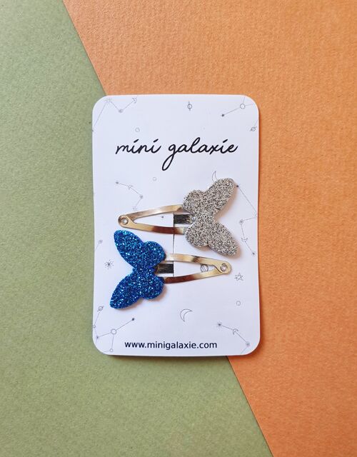 Barrettes glitter Papillon - bleu et argent