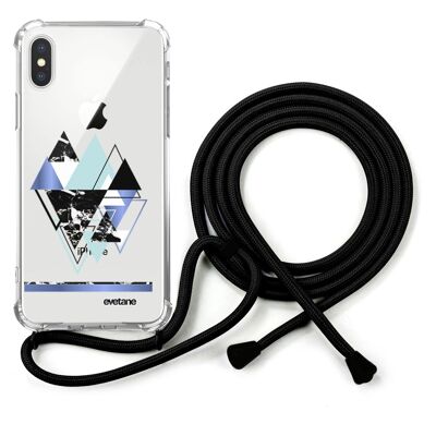 Coque iPhone X/XS anti-choc silicone avec cordon noir-Triangles Bleus