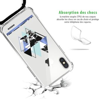 Coque iPhone X/XS anti-choc silicone avec cordon noir-Triangles Bleus 2