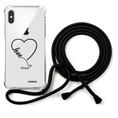 Coque iPhone X/XS anti-choc silicone avec cordon noir- Cœur Love