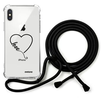 Coque iPhone X/XS anti-choc silicone avec cordon noir- Cœur Love 1
