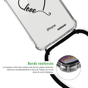 Coque iPhone X/XS anti-choc silicone avec cordon noir- Cœur Love 3