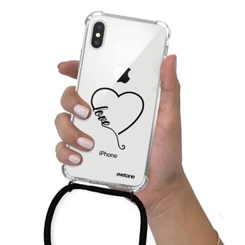 Coque iPhone X/XS anti-choc silicone avec cordon noir- Cœur Love 4