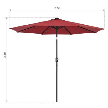 Parasol de 2,7 m, LED, parapluie de jardin, auvent extérieur, abat-jour inclinable avec manivelle, protection UV, convient pour l'extérieur, le jardin, la plage, rouge 2
