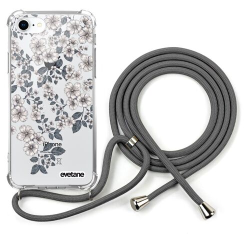 Coque iPhone 7/8 anti-choc silicone avec cordon gris- Fleurs de cerisiers