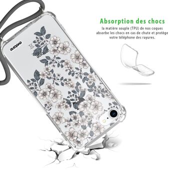 Coque iPhone 7/8 anti-choc silicone avec cordon gris- Fleurs de cerisiers 2