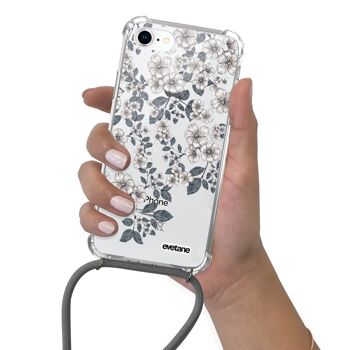 Coque iPhone 7/8 anti-choc silicone avec cordon gris- Fleurs de cerisiers 4