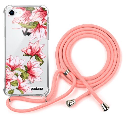 Coque iPhone 7/8 anti-choc silicone avec cordon rose- Fleurs Roses et Bleues