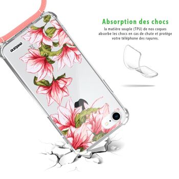 Coque iPhone 7/8 anti-choc silicone avec cordon rose- Fleurs Roses et Bleues 2
