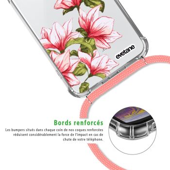 Coque iPhone 7/8 anti-choc silicone avec cordon rose- Fleurs Roses et Bleues 3