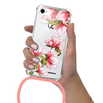 Coque iPhone 7/8 anti-choc silicone avec cordon rose- Fleurs Roses et Bleues 4