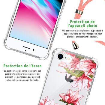 Coque iPhone 7/8 anti-choc silicone avec cordon rose- Fleurs Roses et Bleues 6