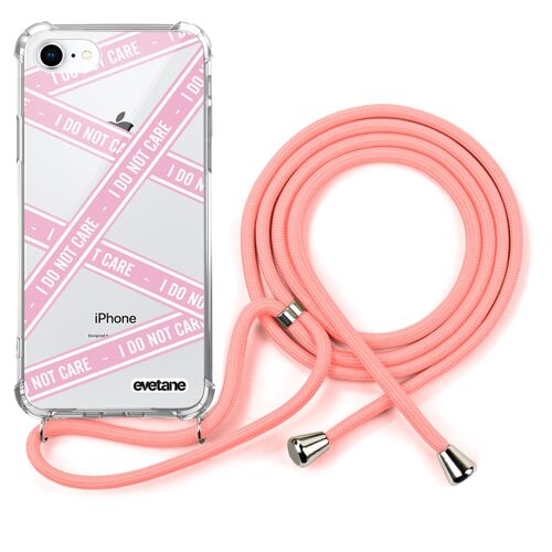 Coque iPhone 7/8 anti-choc silicone avec cordon rose- I Do Not Care