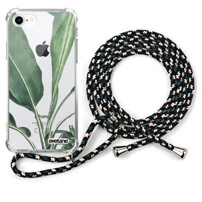 Custodia in silicone antiurto per iPhone 7/8 con cordino verde - Foglie di palma