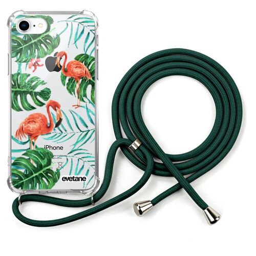 Coque iPhone 7/8 anti-choc silicone avec cordon vert -Flamant Roses