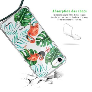 Coque iPhone 7/8 anti-choc silicone avec cordon vert -Flamant Roses 2