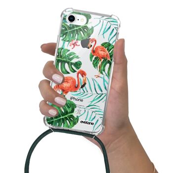 Coque iPhone 7/8 anti-choc silicone avec cordon vert -Flamant Roses 4