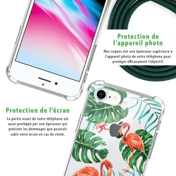 Coque iPhone 7/8 anti-choc silicone avec cordon vert -Flamant Roses 6