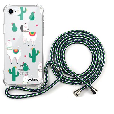 Coque iPhone 7/8 anti-choc silicone avec cordon vert- Lamas et Cactus
