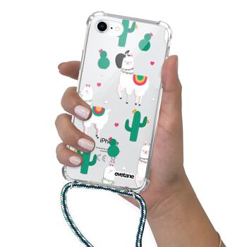 Coque iPhone 7/8 anti-choc silicone avec cordon vert- Lamas et Cactus 4