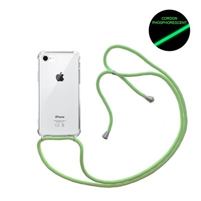Coque iPhone 7/8 anti-choc silicone avec cordon vert fluo et phosphorescent