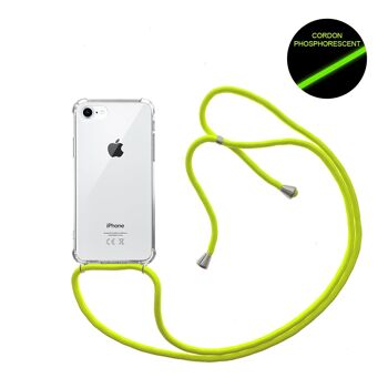 Coque iPhone 7/8 anti-choc silicone avec cordon Jaune fluo et phosphorescent 1